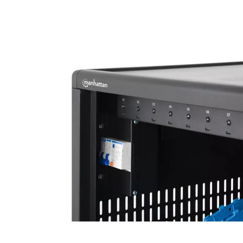 Manhattan Armário de carregamento USB-C para portáteis 12 portas com rodas, 65W por porta, 780W total, aço, preto, cabos UK e EU, compartimentos 395x32,5x290mm