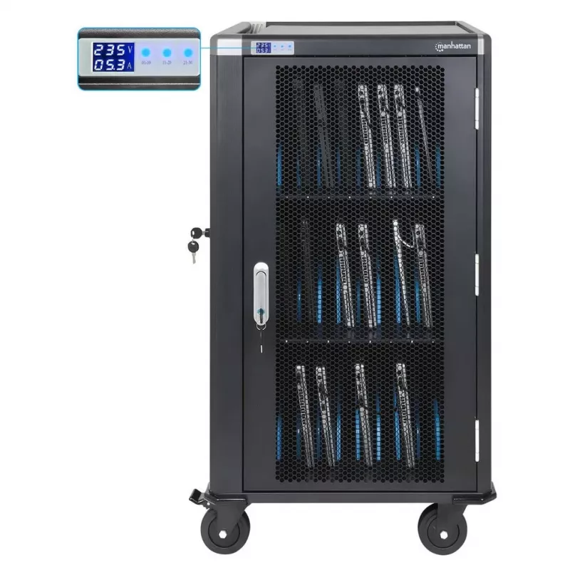 Carrinho de carregamento para portáteis Manhattan 30 compartimentos via adaptador AC (EU) - armário de aço com fecho, 220-240V, 2300W, ficha CEE 7/7, cabo de 3m, 4 rodas