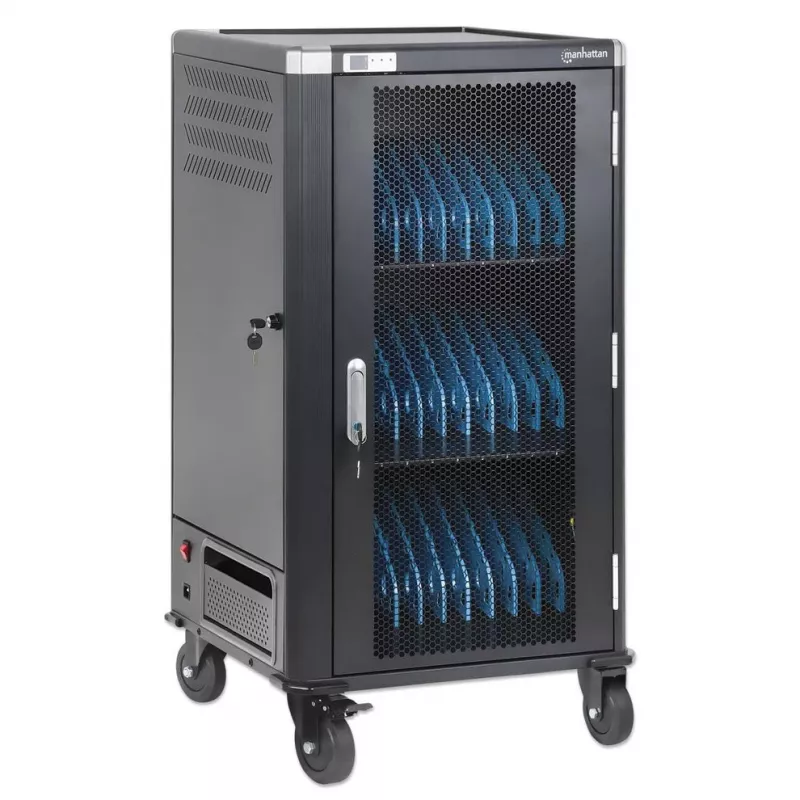 Carrinho de carregamento para portáteis Manhattan 30 compartimentos via adaptador AC (EU) - armário de aço com fecho, 220-240V, 2300W, ficha CEE 7/7, cabo de 3m, 4 rodas