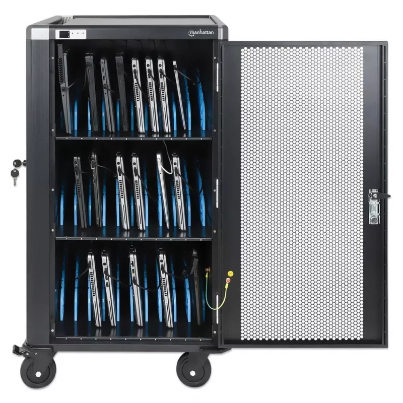 Carrinho de carregamento para portáteis Manhattan 30 compartimentos via adaptador AC (EU) - armário de aço com fecho, 220-240V, 2300W, ficha CEE 7/7, cabo de 3m, 4 rodas
