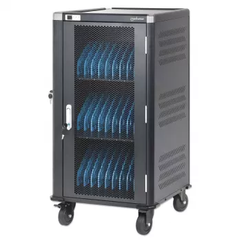 Carrinho de carregamento para portáteis Manhattan 30 compartimentos via adaptador AC (EU) - armário de aço com fecho, 220-240V, 2300W, ficha CEE 7/7, cabo de 3m, 4 rodas