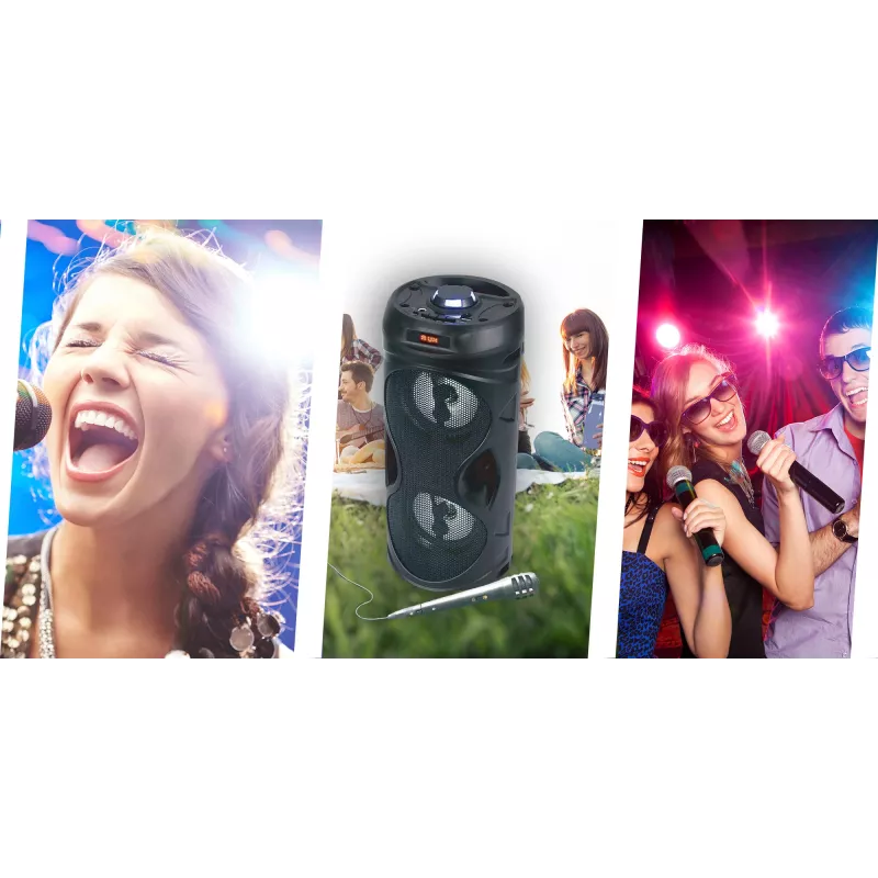 Manta SPK815 altifalante portátil Bluetooth para festas com karaoke, 30W RMS, LED de discoteca, rádio FM, USB/SD/AUX