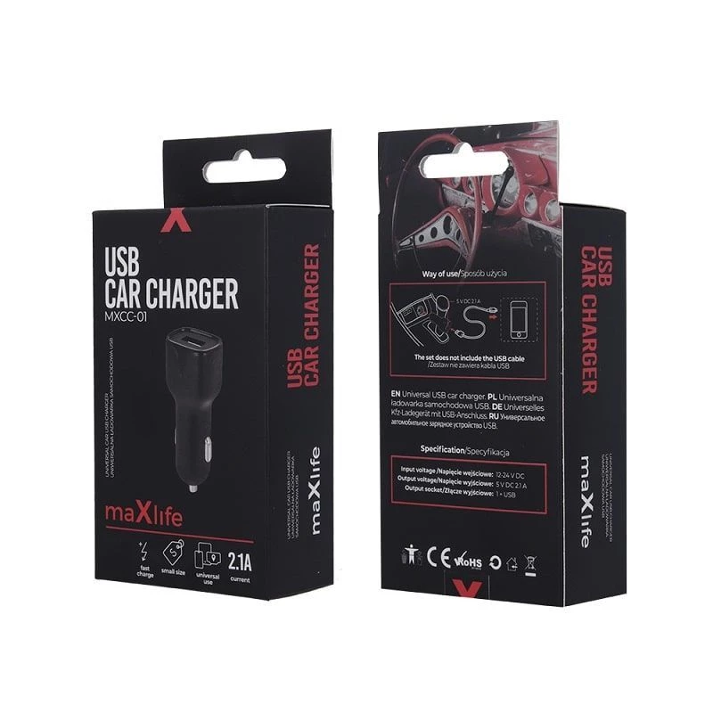 MAXLIFE MXCC-01 Carregador de automóvel Fast Charge 2.1A - preto