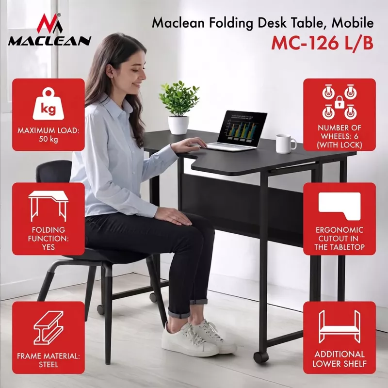 MCN Maclean secretária/mesa dobrável, preta, móvel, 100x73 cm, máx. 50 kg, angular, em L, MC-126 L/B