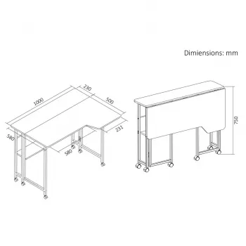 MCN Maclean secretária/mesa dobrável, preta, móvel, 100x73 cm, máx. 50 kg, angular, em L, MC-126 L/B