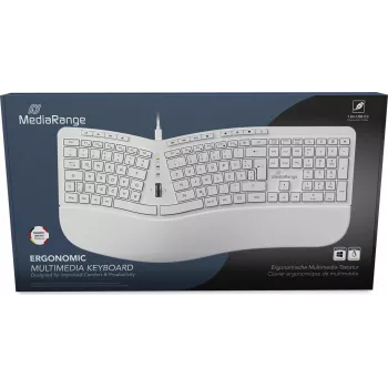 Teclado ergonómico com fio MediaRange MROS272, design dividido, 124 teclas, roda de deslocamento integrada, branco