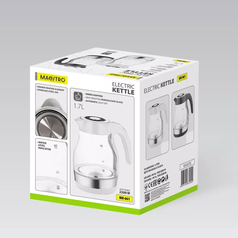 MEO Chaleira elétrica em vidro 2200W 1,7L preto MR-061-BLACK MAESTRO