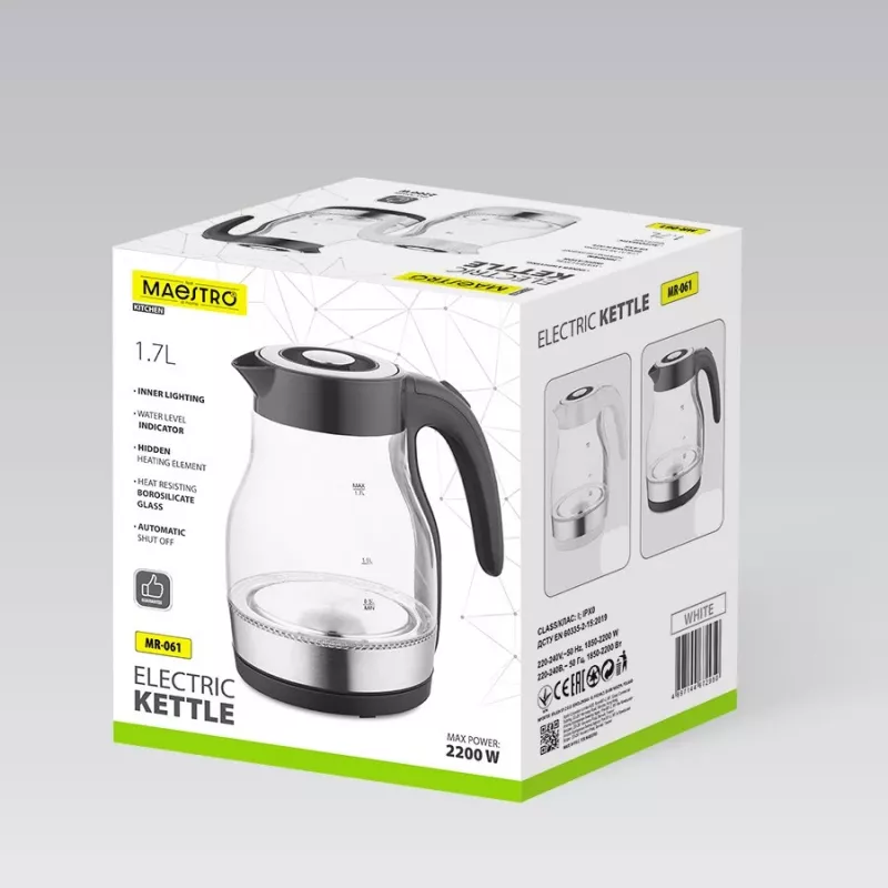MEO Chaleira elétrica em vidro 2200W 1,7L preto MR-061-BLACK MAESTRO