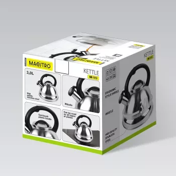 Chaleira assobiadora MEO MR-1313 MAESTRO 3,0 l aço inoxidável para fogão, compatível com indução, prateada com detalhes pretos