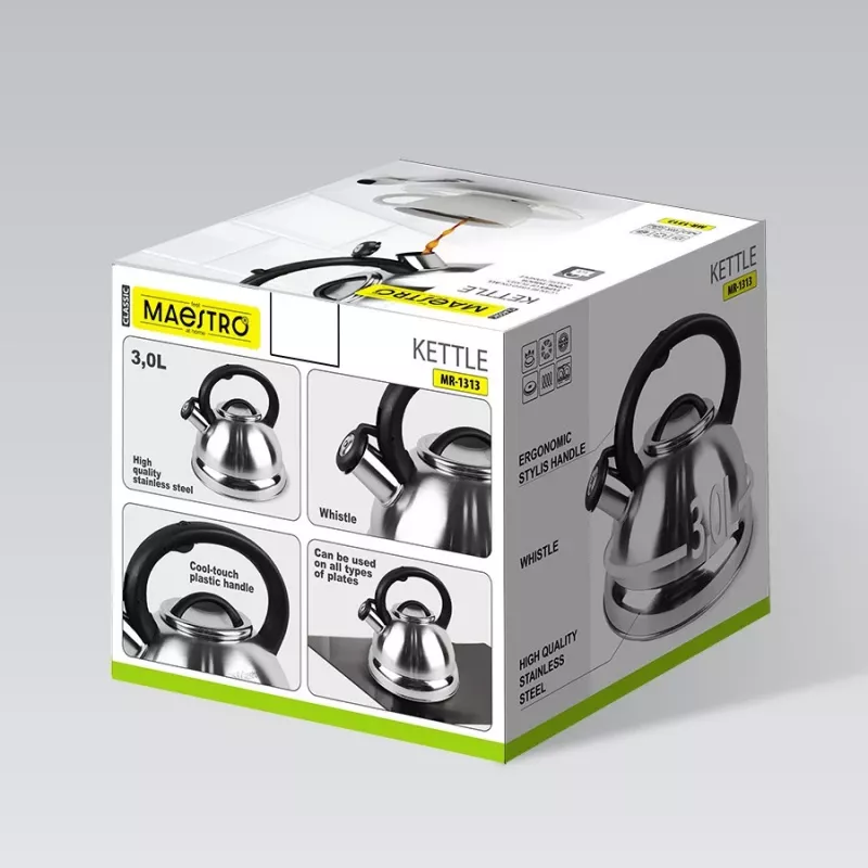 Chaleira assobiadora MEO MR-1313 MAESTRO 3,0 l aço inoxidável para fogão, compatível com indução, prateada com detalhes pretos