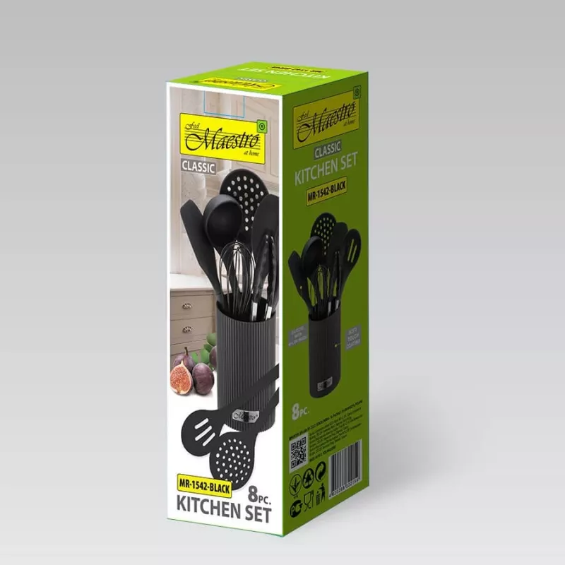 MEO MR-1542-BLACK MAESTRO Conjunto de 8 utensílios de cozinha com suporte giratório em aço inoxidável, cabeças em nylon preto