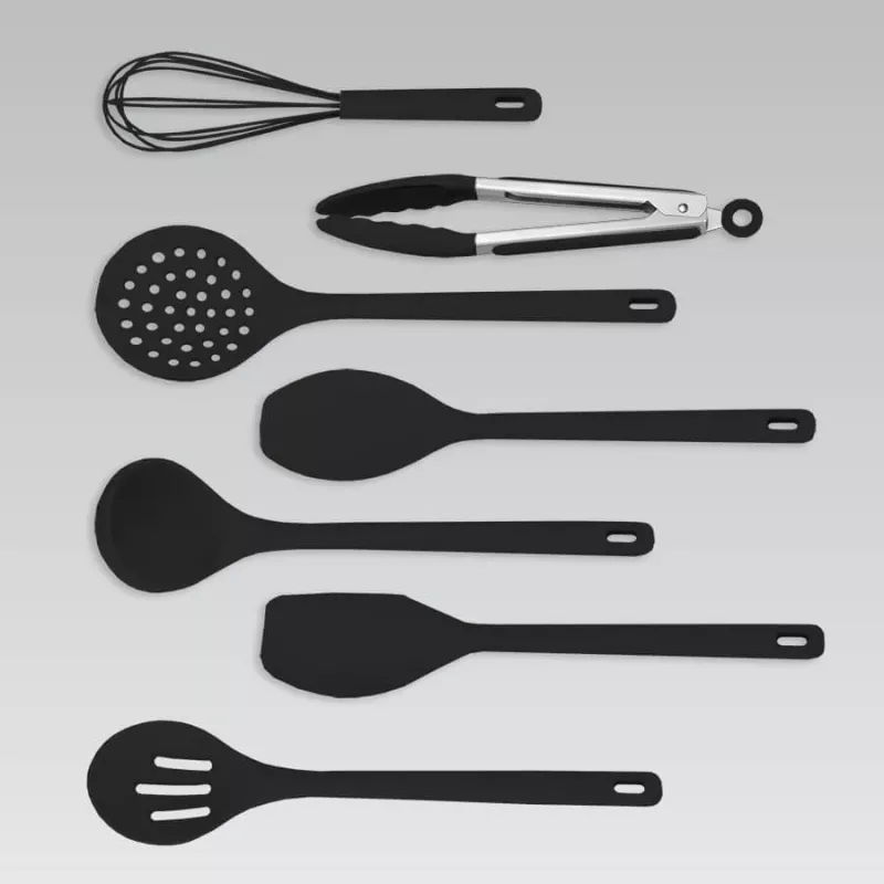 MEO MR-1542-BLACK MAESTRO Conjunto de 8 utensílios de cozinha com suporte giratório em aço inoxidável, cabeças em nylon preto