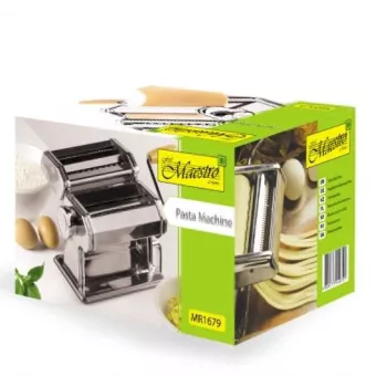 Máquina de massa manual MEO MR-1679 MAESTRO - aço cromado, 9 regulações de espessura, 3 tipos de massa, fixação de mesa