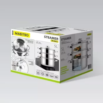 MEO MR-2900-24 MAESTRO Panela 24 cm 5,0 L Aço Inoxidável com Tampa de Vidro, Adequada para Indução