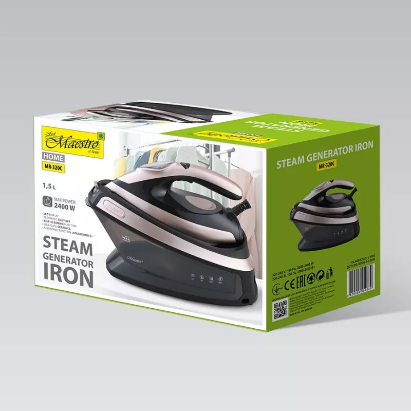 Central de engomar a vapor MEO MR-320C Maestro 2400W com base cerâmica, pressão 3,5 bar, golpe de vapor 120 g/min, depósito 1,2 l