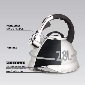 MEO Stovetop Kettle 2.8L MR-1328 MAESTRO Chaleira para fogão em aço inoxidável com apito e cabo de baquelite resistente ao calor, adequada para indução e todos os tipos de fogão, prateado