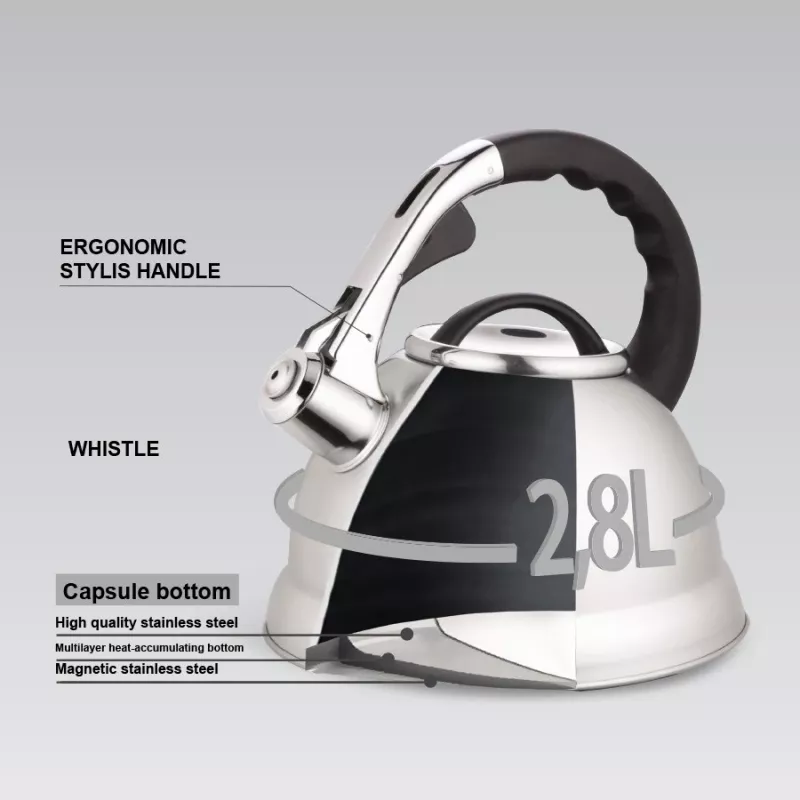 MEO Stovetop Kettle 2.8L MR-1328 MAESTRO Chaleira para fogão em aço inoxidável com apito e cabo de baquelite resistente ao calor, adequada para indução e todos os tipos de fogão, prateado