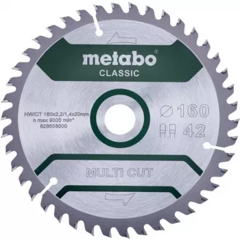 Lâmina de serra circular Metabo MULTI CUT CLASSIC 160 x 20 x 1,4 mm, 42 dentes, TCT, para madeira, madeira revestida, plásticos 628658000