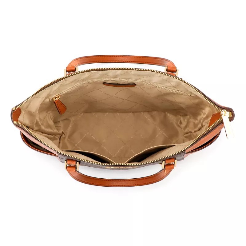 Michael Kors Carmen Mala de ombro para mulher - Pele Saffiano castanha com ferragens douradas (25x28x11 cm)