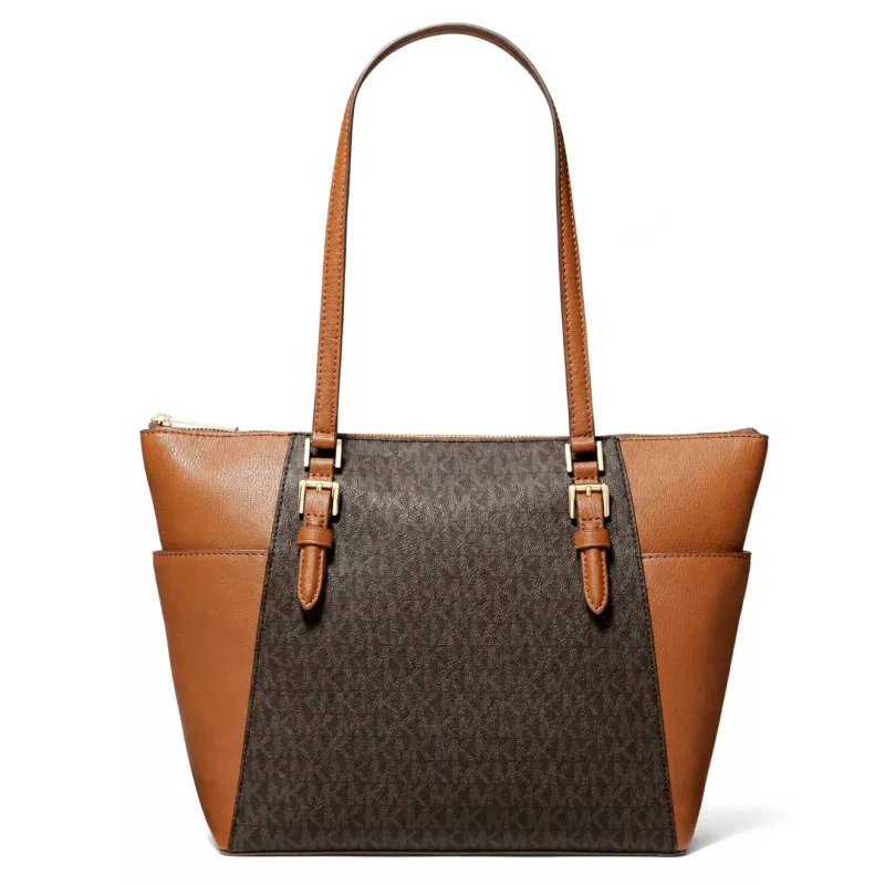 Michael Kors Carmen Mala de ombro para mulher - Pele Saffiano castanha com ferragens douradas (25x28x11 cm)