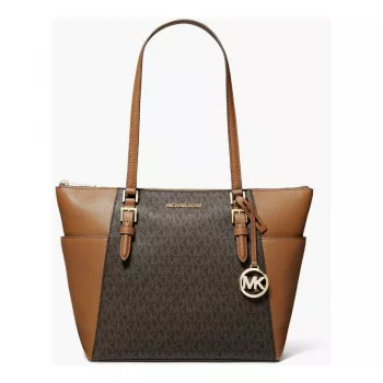 Michael Kors Carmen Mala de ombro para mulher - Pele Saffiano castanha com ferragens douradas (25x28x11 cm)