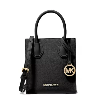 Mala transversal Michael Kors Jet Set Travel, preta, tela revestida com assinatura e detalhes em pele, ferragens douradas, 15 cm x 17 cm x 6 cm