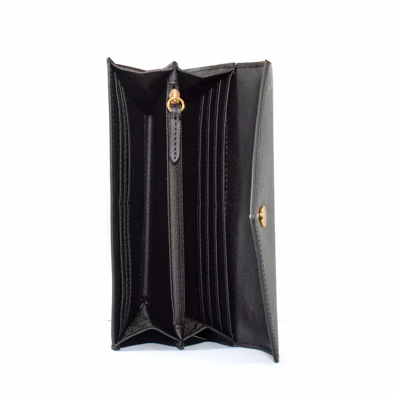 Michael Kors Jet Set Travel Carteira com capa para telefone, Pele saffiano preta, Ferragens douradas, Fecho com zíper, Alça de pulso amovível, 6 ranhuras para cartões, Compartimento para notas, Compartimento para telefone