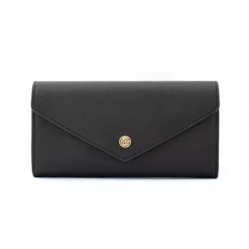 Michael Kors Jet Set Travel Carteira com capa para telefone, Pele saffiano preta, Ferragens douradas, Fecho com zíper, Alça de pulso amovível, 6 ranhuras para cartões, Compartimento para notas, Compartimento para telefone