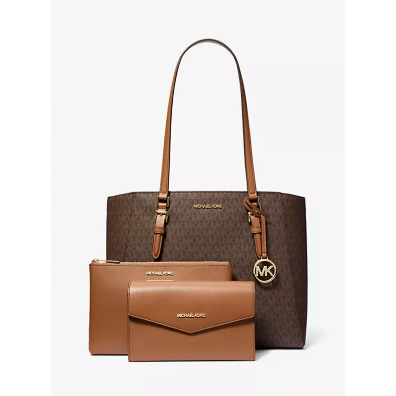 Mala de mão Michael Kors Jet Set Travel em pele Saffiano - mala de mulher castanha com ferragens douradas (42x28x10 cm)