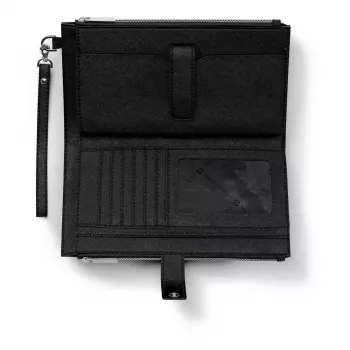 Carteira com capa para telemóvel de mulher Michael Kors Jet Set Travel em pele Saffiano com bracelete, preta, ferragens em tom dourado