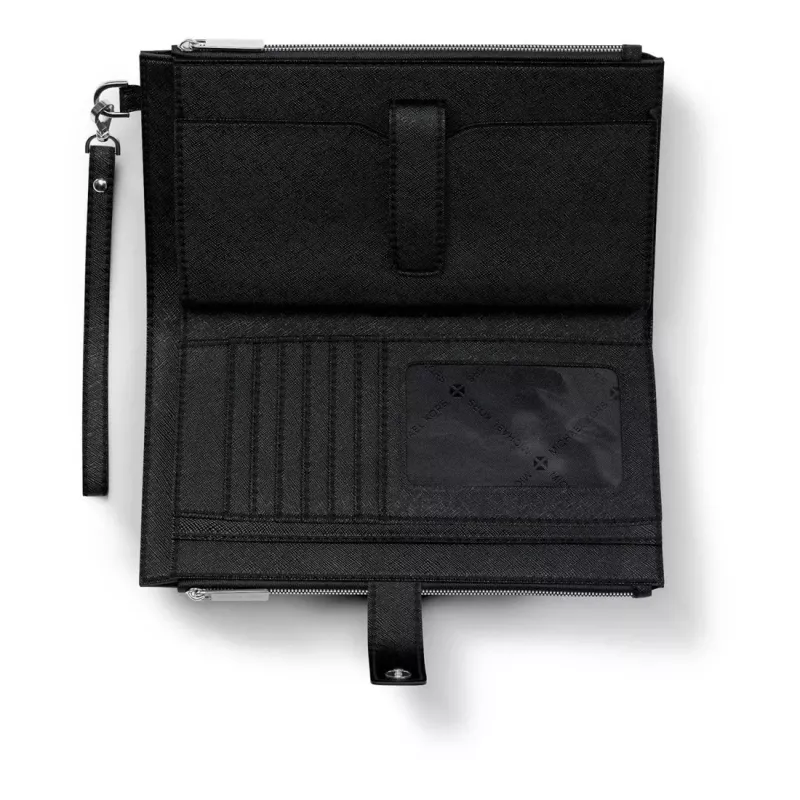 Carteira com capa para telemóvel de mulher Michael Kors Jet Set Travel em pele Saffiano com bracelete, preta, ferragens em tom dourado