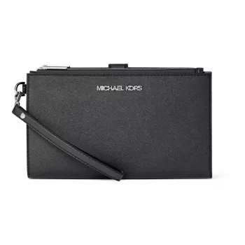 Carteira com capa para telemóvel de mulher Michael Kors Jet Set Travel em pele Saffiano com bracelete, preta, ferragens em tom dourado