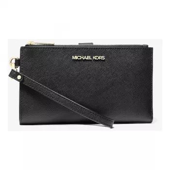 Carteira de pulso plana de mulher Michael Kors Jet Set Travel em pele Saffiano 35F8GTVW0LBLA (preta)