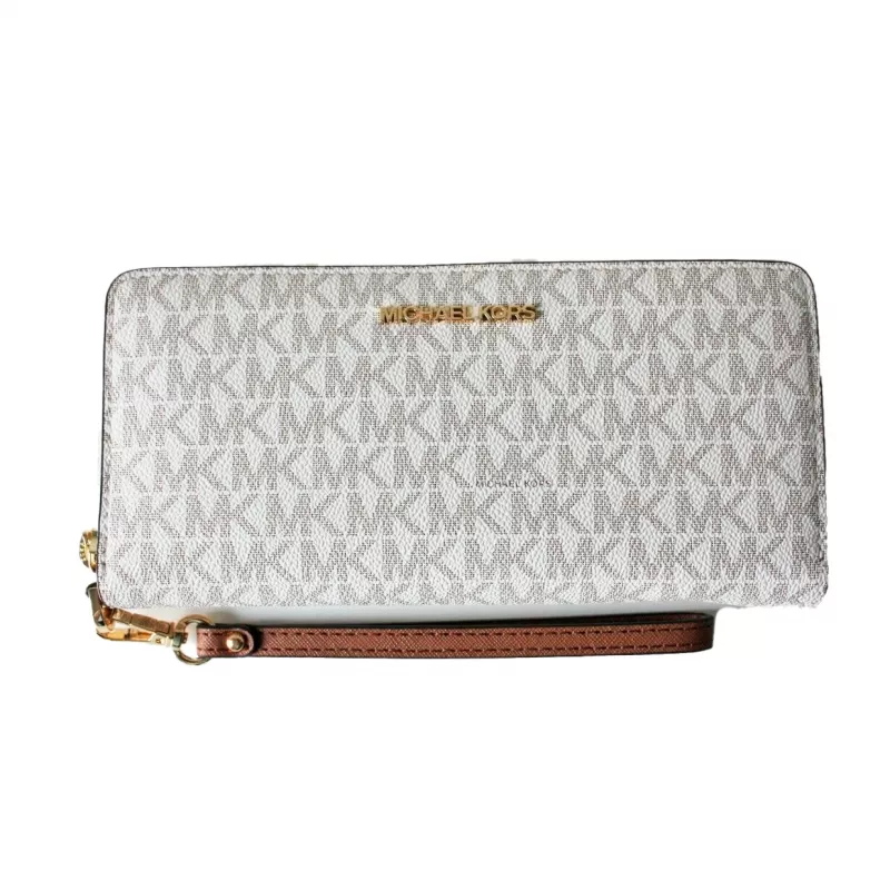 Carteira trifold de mulher Michael Kors Jet Set Travel em lona revestida Signature, ferragens douradas - 35F8GTVT3BVNL