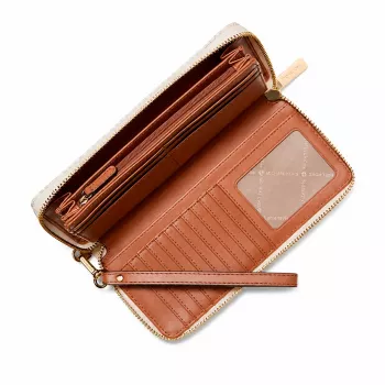 Carteira trifold de mulher Michael Kors Jet Set Travel em lona revestida Signature, ferragens douradas - 35F8GTVT3BVNL