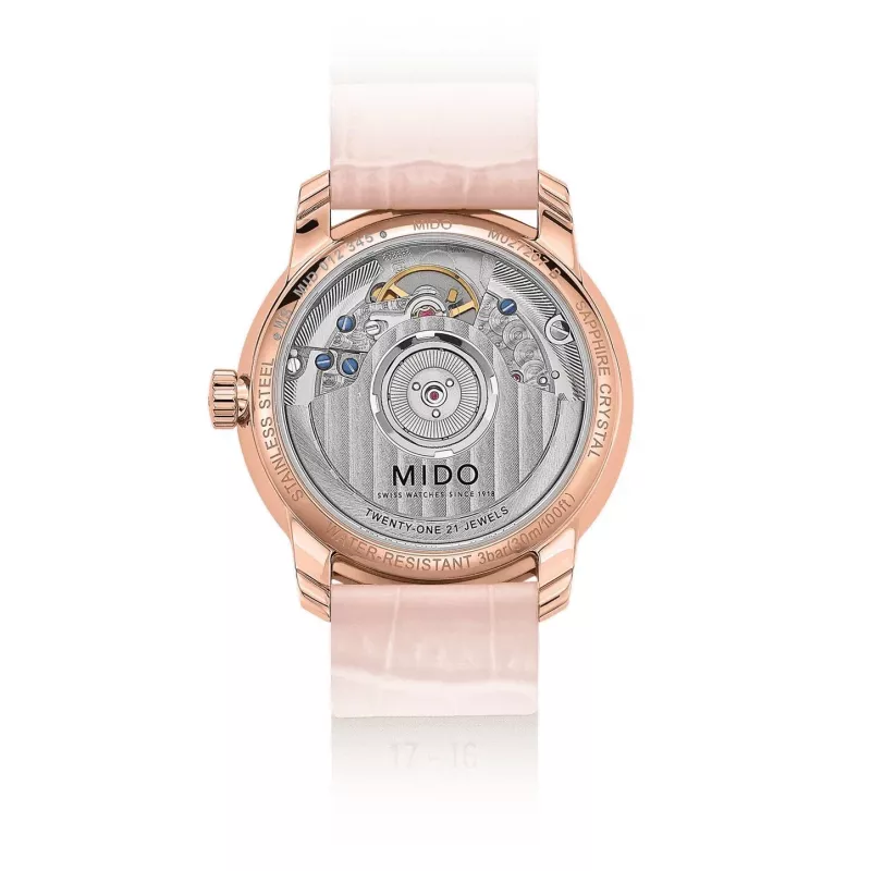 MIDO Baroncelli III Lady relógio automático 33mm ouro rosa PVD aço inoxidável mostrador prateado bracelete de pele castanha M027207360100