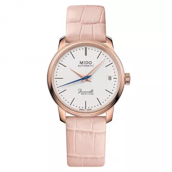 Relógio automático MIDO Baroncelli III Lady 33mm Rose Gold PVD Aço Inoxidável Mostrador Prateado Bracelete de Pele Castanha M027207360100