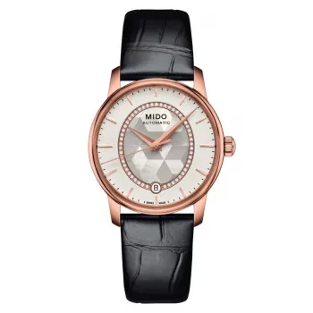 MIDO Baroncelli III Lady relógio automático 33mm PVD ouro rosa mostrador de madrepérola branca com índices de diamante bracelete de pele branca