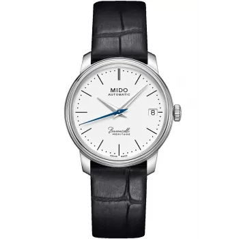 MIDO Baroncelli Lady Relógio Automático 33mm Aço Inoxidável Mostrador Branco Pulseira de Pele Preta M027207160100