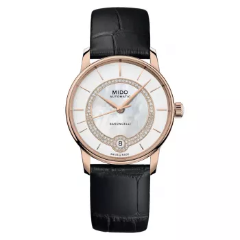 MIDO Baroncelli Signature Lady Automatic Watch 33mm PVD ouro rosa aço inoxidável pele castanha