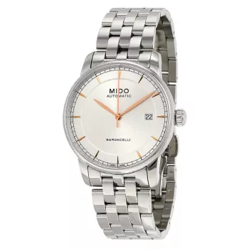 Relógio automático MIDO Baroncelli III para homem 38mm mostrador prateado bracelete de pele castanha M86004101