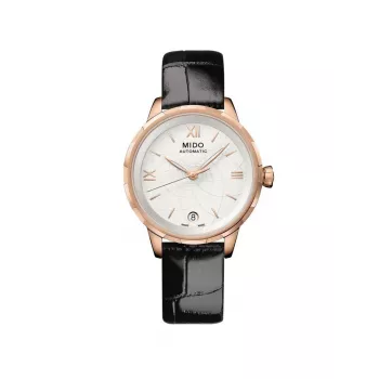 MIDO relógio automático de mulher M043207360180 34mm ouro rosa PVD aço inoxidável mostrador de madrepérola branca bracelete de couro preta edição limitada