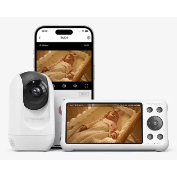 Momcozy BM016-WH12BA-A Monitor de bebé de vídeo HD 720p de 5 polegadas com rotação, inclinação e zoom, intercomunicador, sensor de temperatura, canções de embalar e modo VOX - branco