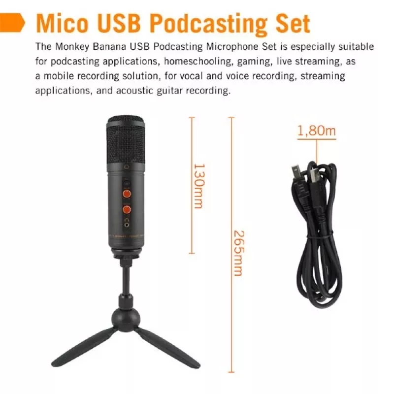 Microfone condensador USB Monkey Banana MICO BK para estúdio e podcasting