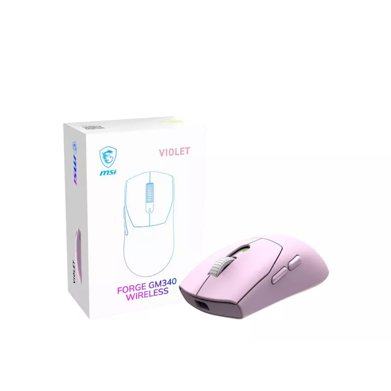 Rato gaming leve MSI FORGE GM340 W com sensor PixArt PAW-3311, até 12.000 DPI, Tri-Mode Wireless (2,4 GHz/Bluetooth/USB-C), violeta