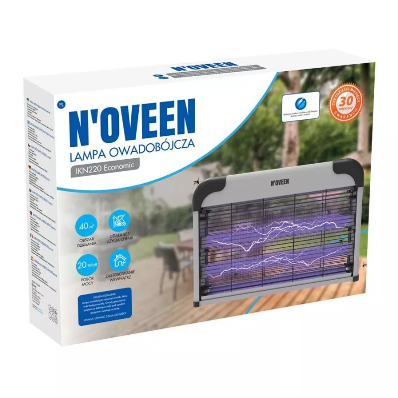N'OVEEN IKN220 Lâmpada mata-insetos económica 2500V, até 40 m², funcionamento silencioso, uso interior, suspensa ou de pé