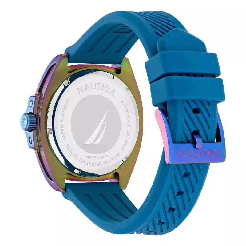 Nautica Relógio de quartzo cronógrafo de homem Porthole NAPTCF201 44mm Mostrador azul Bracelete de silicone