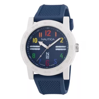 Relógio de quartzo analógico de homem NAUTICA NAPATS304, caixa de aço inoxidável 42,5mm, bracelete de silicone azul, resistência à água 100m