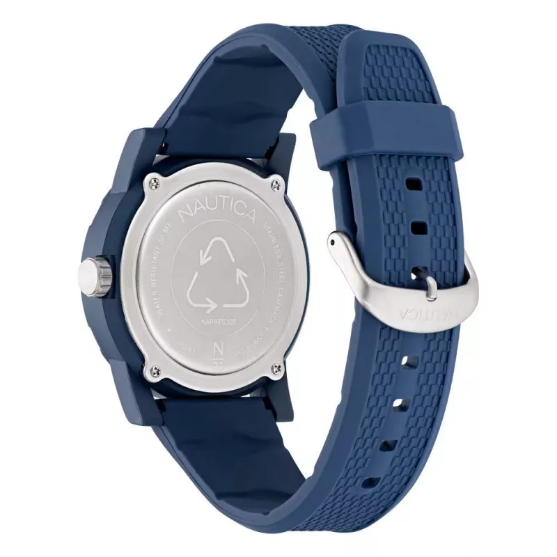 Relógio de quartzo analógico Nautica NAPATS305 para homem mostrador azul bracelete de silicone 42,5mm