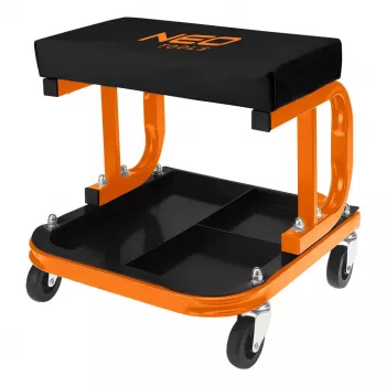 Banco de oficina rolante NEO TOOLS 11-604 com prateleira para ferramentas, ajuste pneumático de altura 380-500 mm, carga 135 kg, 5 rodízios, assento em vinil resistente ao óleo